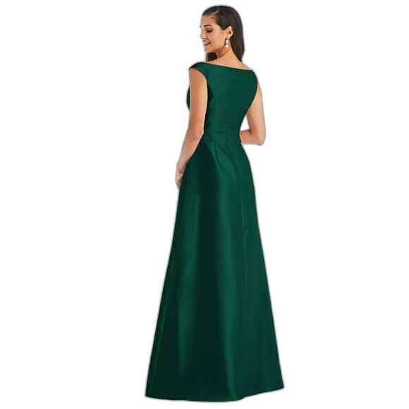 Alfred Sung D811S Sz 10 Off-the-Shoulder Draped Wrap Satin Maxi Dress Green - Picture 3 of 5